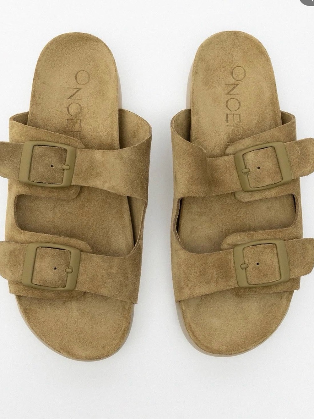 Oncept Savannah Tan Suede Double-Buckle Slide Sandals NEW 9 LODEN color
